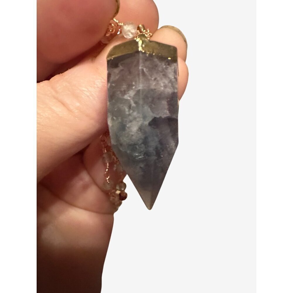 Handmade Crystal Point Pendant Necklace With Multicolor Beaded Chain & Gold - Picture 9 of 10